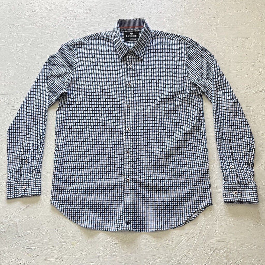 Butter Cloth Shirt Mens Large Navy Blue/Black Gingham Check Regular Fit Euc.